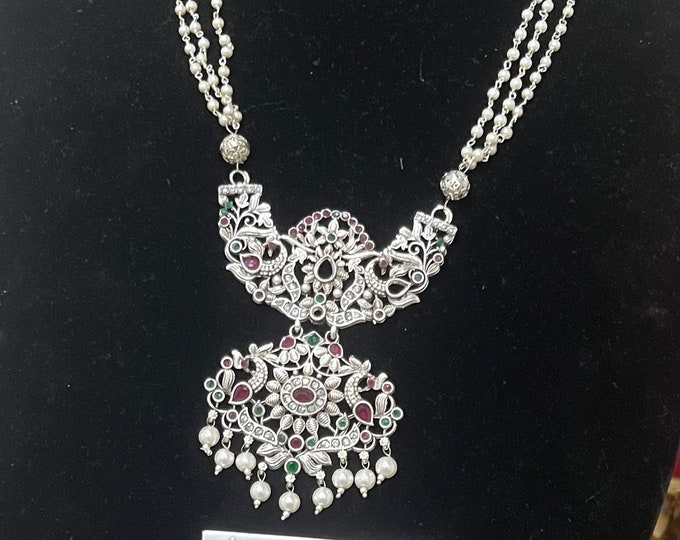 Gorgeous German Silver  pearls mala with  ear rings.