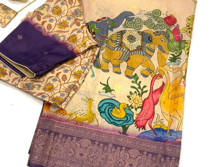 Beautiful  Kalamkari Silk Saree with Purple Border and Ready-to-Wear Blouse (Size 38-42)