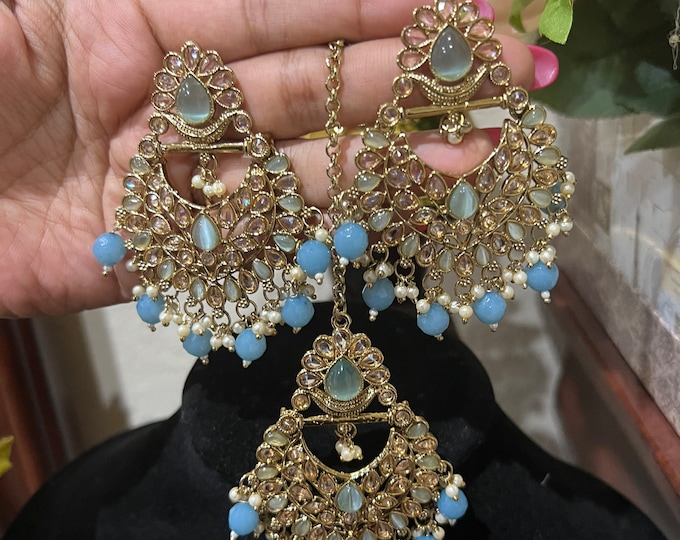 Gorgeous Blue beads Polki Kundan Tikka with earrings. 3 piece set.