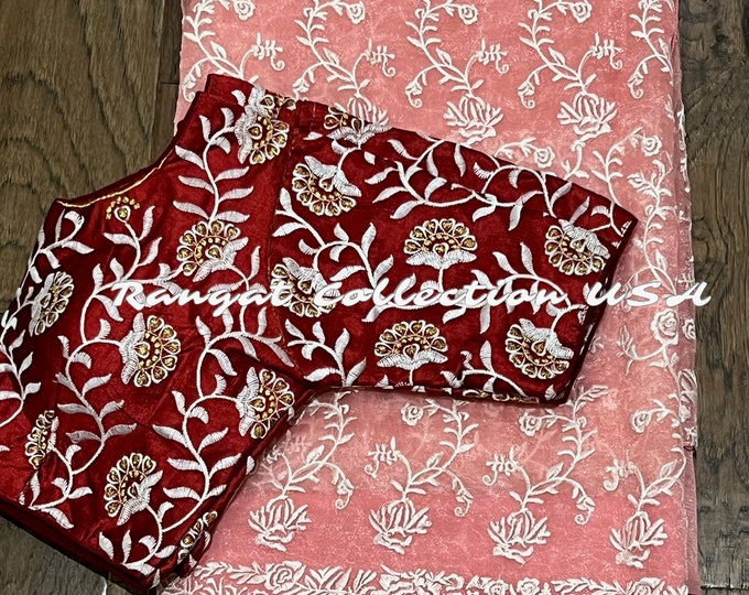 Beautiful Combination Embroidery Border Pure Organza Saree with Blouse