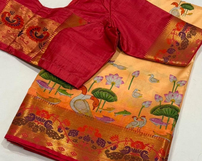 Pichwai Silk Saree with Paithani Border Paired with Stitched Blouse (Sizes 34-42)