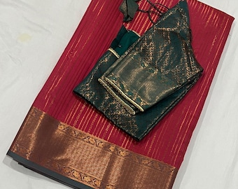 Soft Silk Saree: Kanchi Weaving Border, Ready-to-Wear Blouse