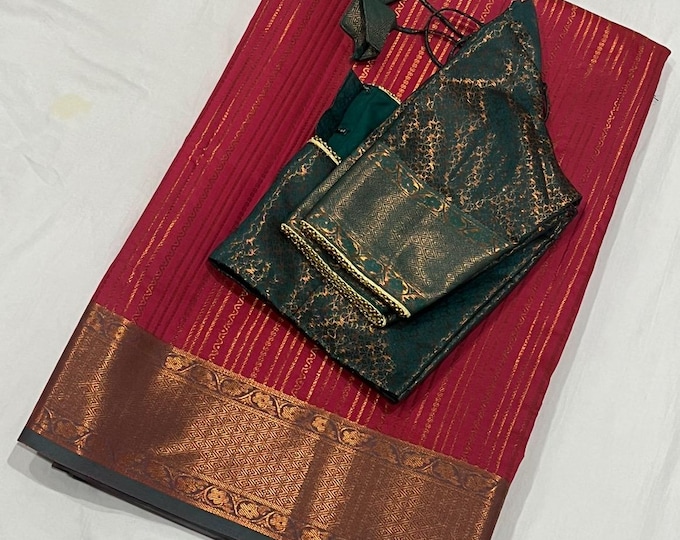 Gorgeous Combination   Soft Silk Saree with Beautiful Weaving Kanchi Border With contrast blouse.