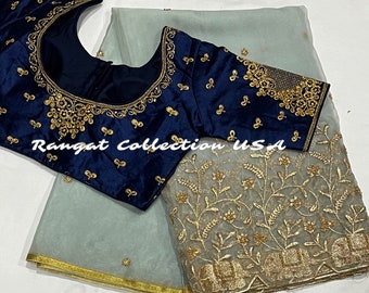 Pure organza light blue saree with blouse