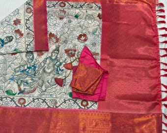 Kalamkari Silk Saree with Stitched Blouse (Size 36-42)