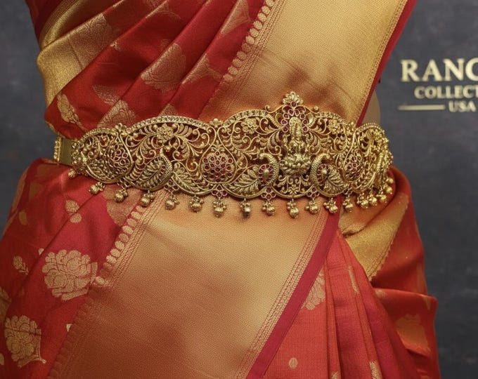 Goddess Lakshmi Nakshi Waistband: Gold Color Beads & Shimmering Stones