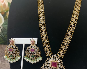Radiant Premium Long Gold-Plated Necklace with Ruby, Green and White CZ Stones, and Matching Earrings
