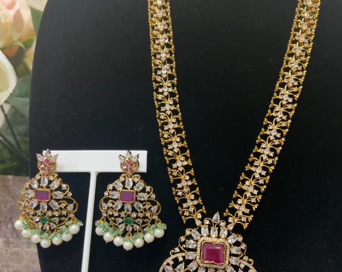 Radiant Premium Long Gold-Plated Necklace with Ruby, Green and White CZ Stones, and Matching Earrings