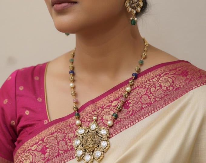 Radha Krishna Mala Necklace: Multi-Color Beads with Moissanite Earrings