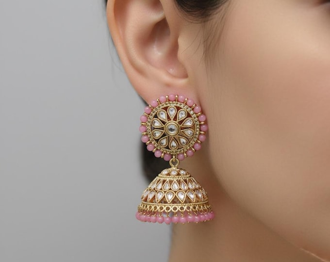 Gold Color Polki Stone Jumka Earrings: Pink Beaded Big Earrings