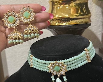 Mint Green Beaded Choker Necklace with Jumki Earrings