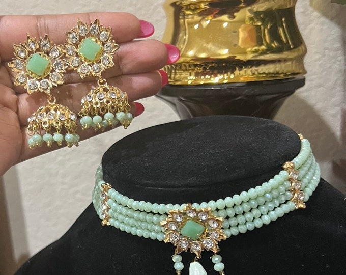 Mint Green Beaded Choker Necklace with Jumki Earrings
