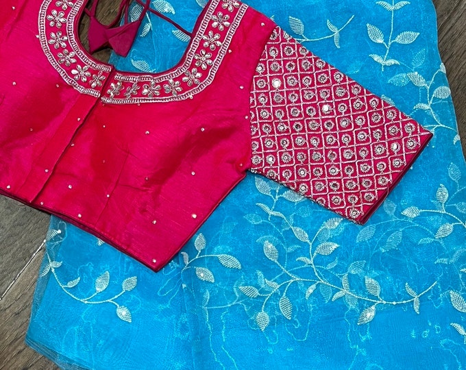 Beautiful combination Organza Embroidery saree with blouse