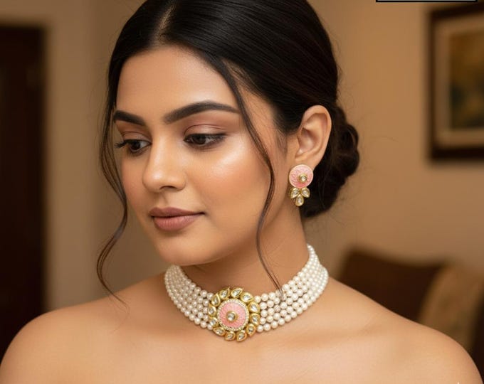 Mint Green Beaded Choker Necklace with Jumki Earrings