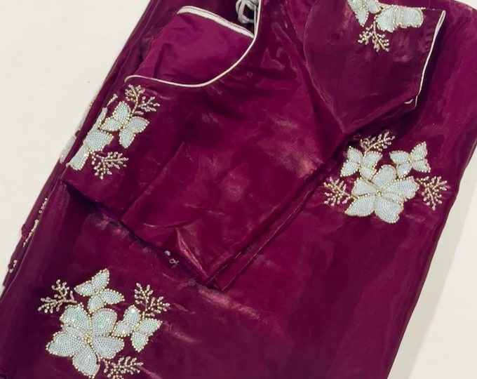 Elegant Jimmy Choo Saree with Scalloped embroidered Border And Floral Embroidery | Adjustable Blouse Fits 34-42
