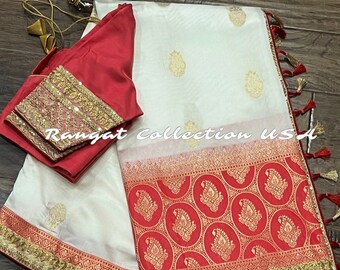 Fancy Silk Saree: Gold Embroidery Border, Stitched Blouse (Fits 36-42 inches)