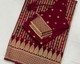 Maroon Benarasi Georgette Saree: Golden Motifs, Indian Wedding Sari (34-44 inches)