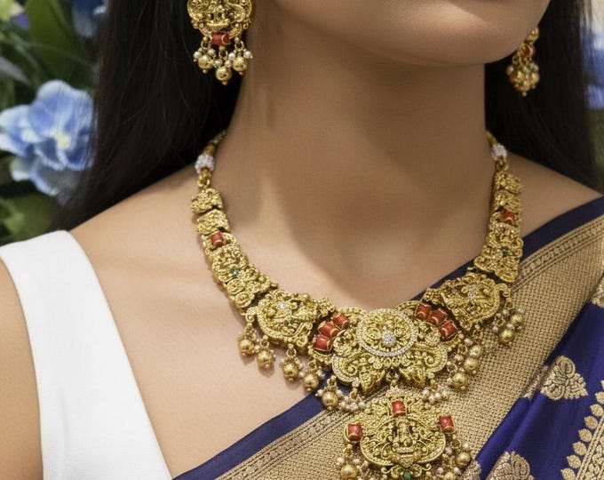Elegant Gold Replica Necklace Set with CZ  and Coral Stones with earrings