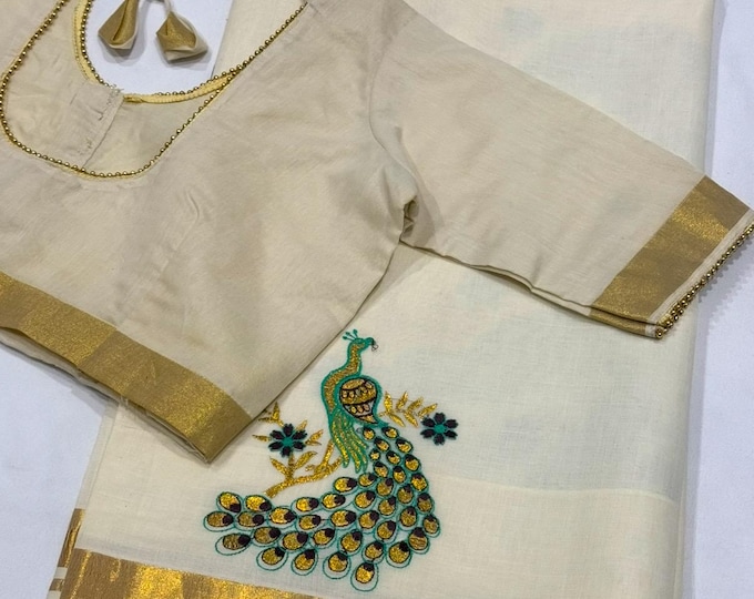 Kerala Cotton Saree with Peacock Embroidery Border | Traditional Handloom Saree with Blouse (34-42 Size)