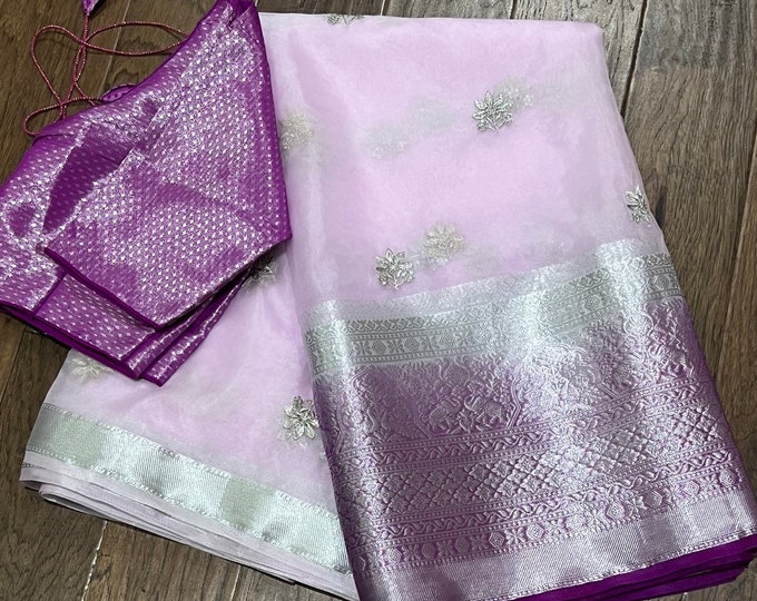 Light Pink Tissue Organza Saree with Blouse 34-44 size.