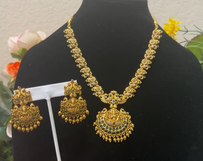 Elegant Gold Replica Necklace Set with Emerald Beads and CZ Stones