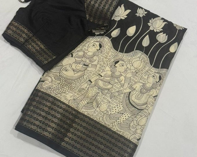 Kalamkari Cotton Silk Saree with Rich Zari Border & Blouse (Sizes 34-42)