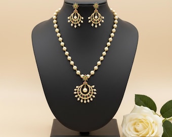 Gold-Plated Pearl Necklace & Earrings Set with CZ Stones