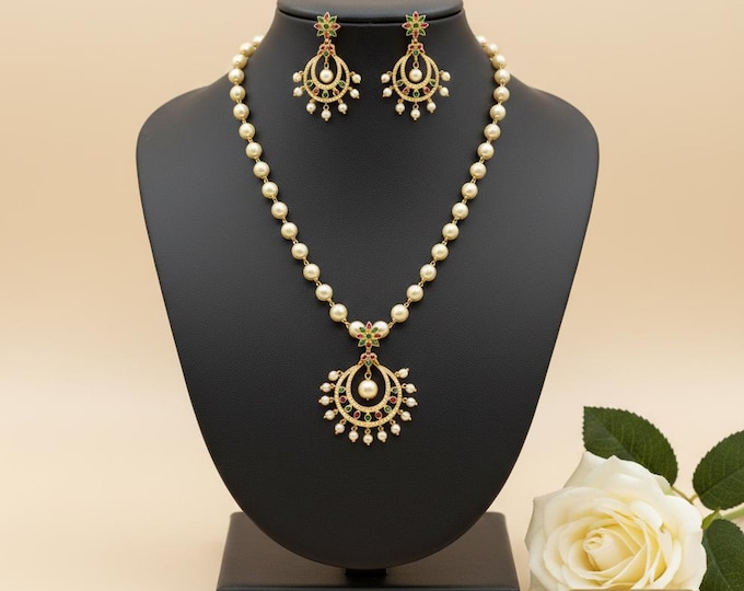 Gold-Plated Pearl Necklace & Earrings Set with CZ Stones
