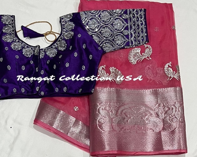 Pink Silver Embroidery Tissue Soft Silk saree with blouse