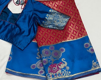 Handloom Pink Silk Saree: Blue Border Zari Weaving, Ready To Wear Blouse