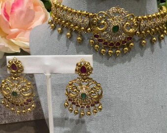 Radiant Gold-Plated Choker Necklace with Green and White CZ Stones, and Matching Earrings