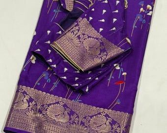 Soft Purple Silk Saree with Thread Embroidery and Stitched Blouse (Sizes 34-42)