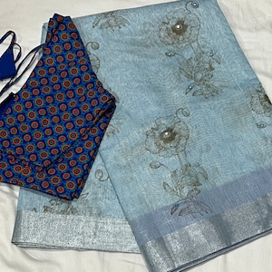 Light blue Pure Soft Linen  mirror work floral printed Saree with Pure Cotton  blouse 34-42