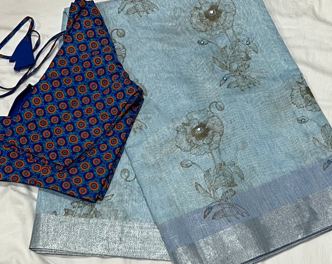 Light blue Pure Soft Linen  mirror work floral printed Saree with Pure Cotton  blouse 34-42