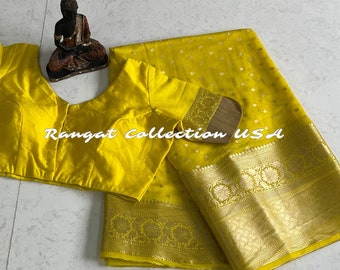 Benarus Georgette Saree: Zari Paithani Border, Stitched Blouse (Size 34-42)