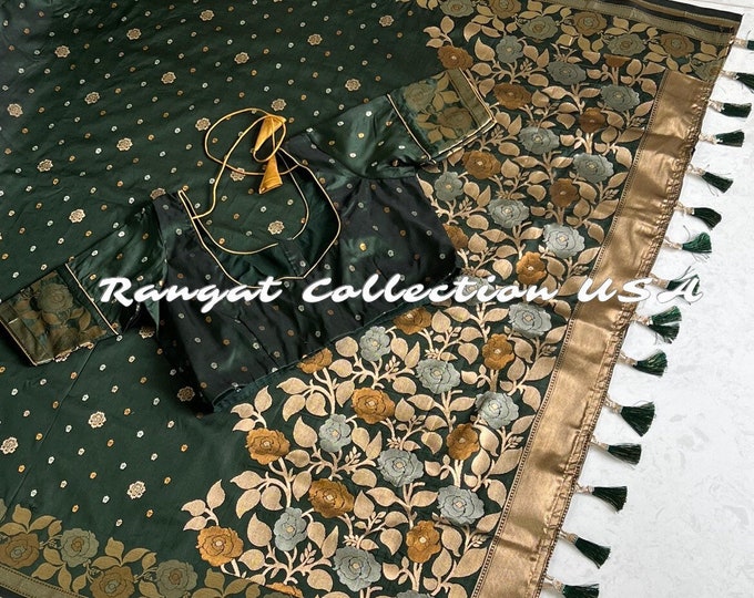 Light Weight easy to drape Soft Silk handloom saree with stitched blouse fits  34-42 size