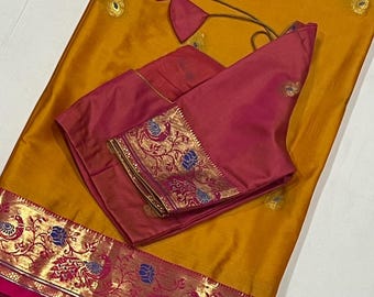 Soft Silk Saree: Weaving Peacock Border, Contrast Blouse