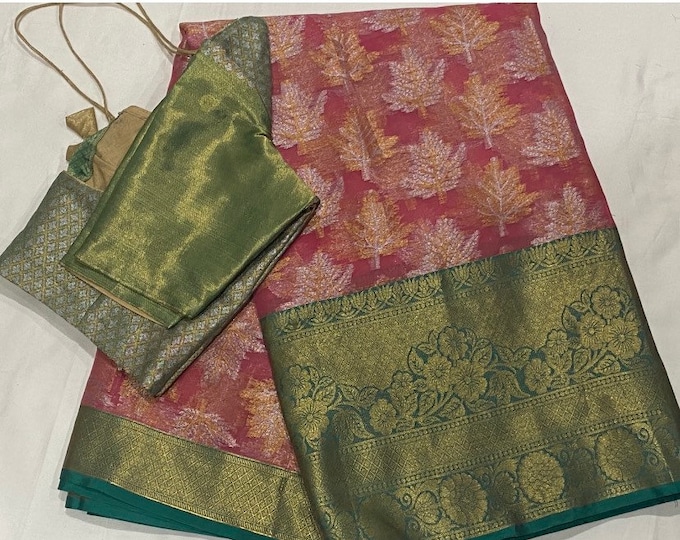 Baby pink Kora Tissue Silk saree with blouse