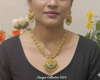 Elegant Gold Replica Necklace Set with Emerald Beads and CZ Stones