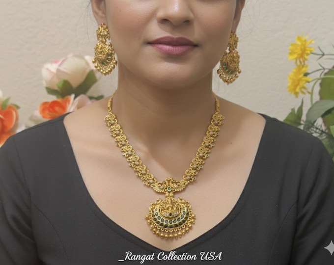 Elegant Gold Replica Necklace Set with Emerald Beads and CZ Stones