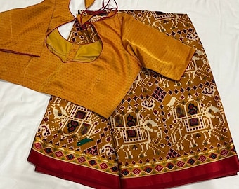 Ajrakh Crepe Silk Saree with Patola Design + Contrast Blouse (Fits 36–42)