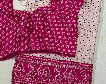 Crushed Bandini Silk Georgette Saree: Mirrored Embroidery, Adjustable Blouse