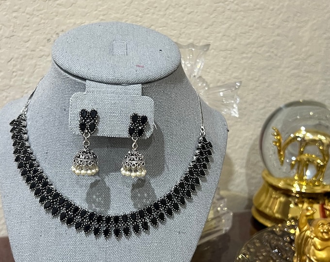 Gorgeous German Silver Black Stone Necklace with jumka ear rings.
