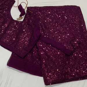 Purple Sequence Embroidery Georgette Saree with blouse 34-42 inches