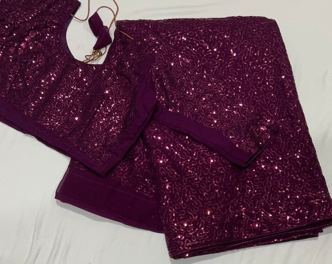 Purple Sequence Embroidery Georgette Saree with blouse 34-42 inches
