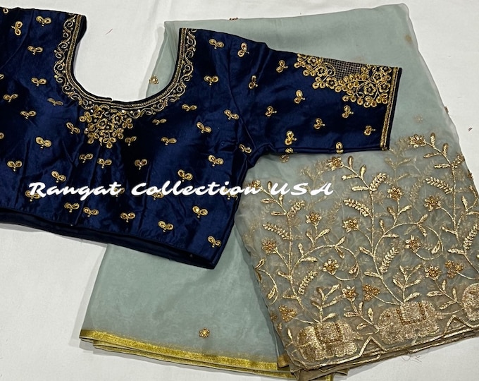 Pure organza light blue saree with blouse