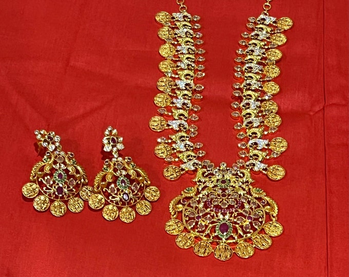 Gorgeous Ram Parivar Necklace with CZ and Ruby  stones paired with earrings