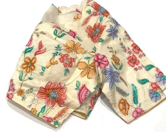 Exquisite Front-Open Padded Kalamkari Pure Silk Hand Embroidered Saree Blouse size 34-44 inches