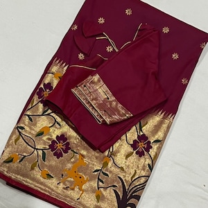 Beautiful pink Paithani Silk saree with stitched blouse fits 34-42 size