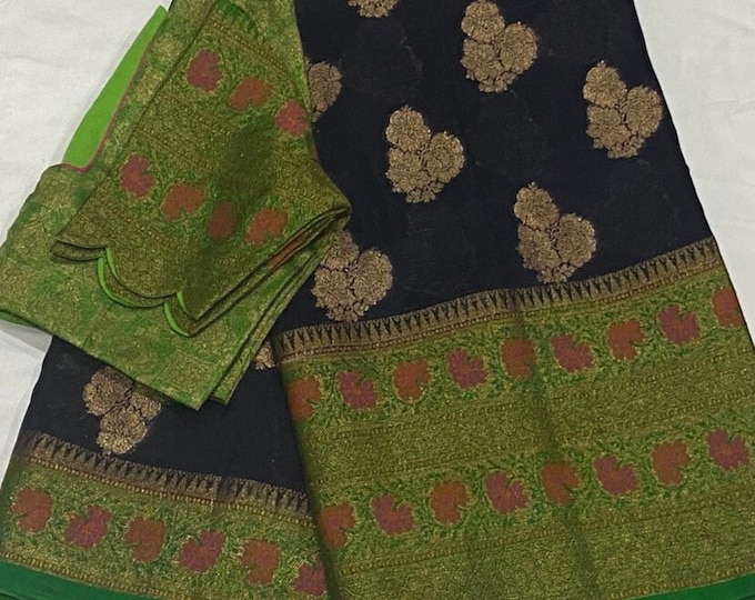 Benarus Georgette Saree with Zari Weaving Paithani Border & Stitched Blouse (34–42 Extendable)